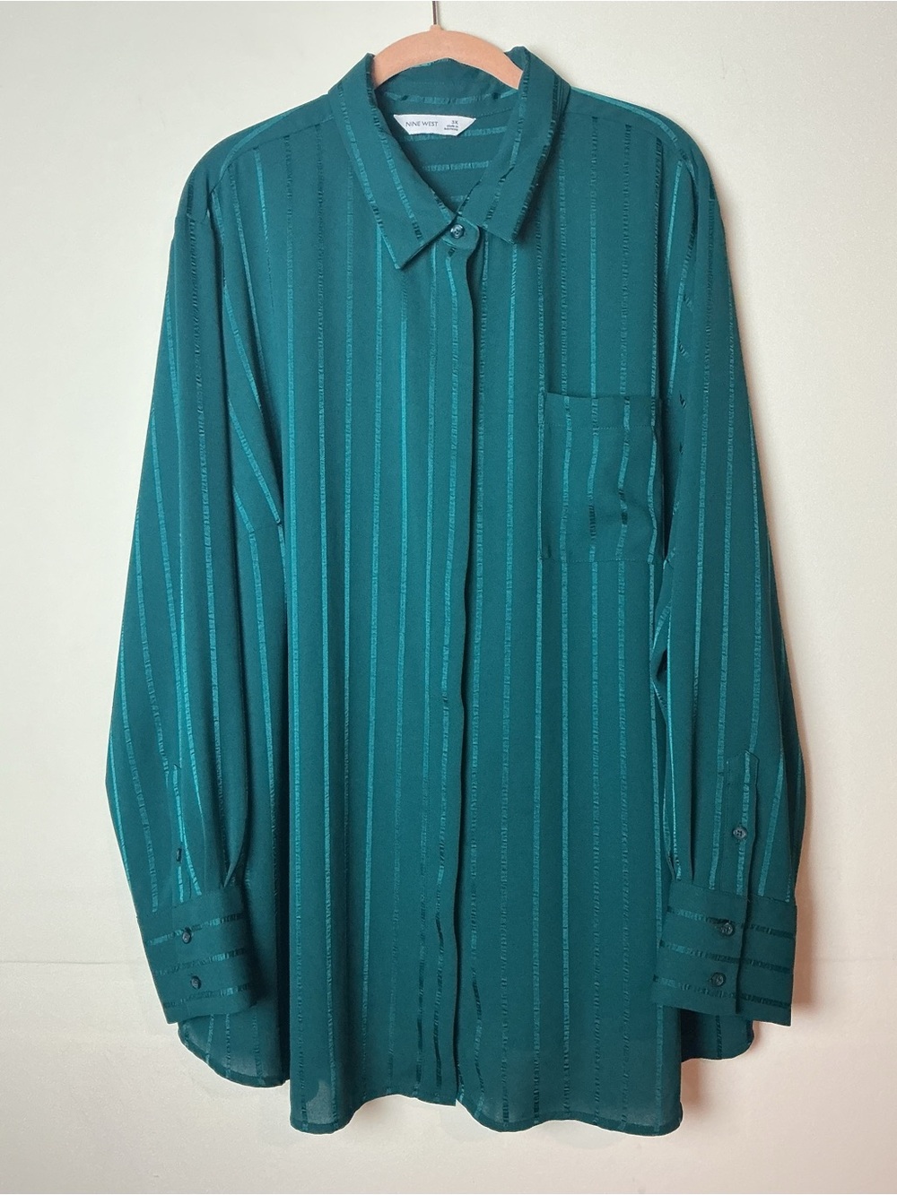 Nine West Plus Size 3X Emerald Striped Long Sleeve Button Up Blouse